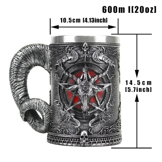 Dark gothic baphomet resin stainless steel tankard with demonic goat head and red glowing eyes for bar decor