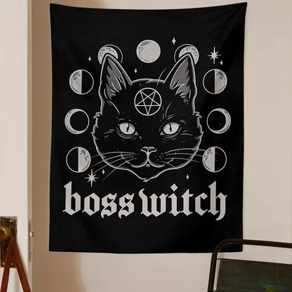 Black tapestry featuring a stylized black cat with glowing eyes and moon phases for cat witchcraft black decorbites