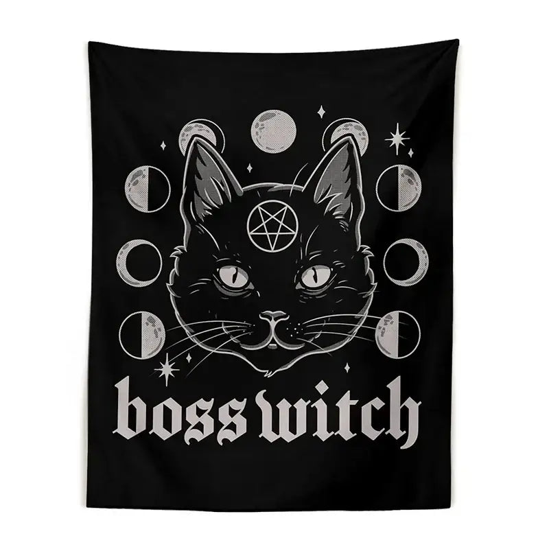 Black fabric witchcraft black tapestry featuring a stylized cat witchcraft black with moon phases and boss witch text decorbites cat witchcraft