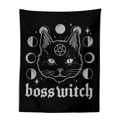 Black fabric witchcraft black tapestry featuring a stylized cat witchcraft black with moon phases and boss witch text decorbites cat witchcraft