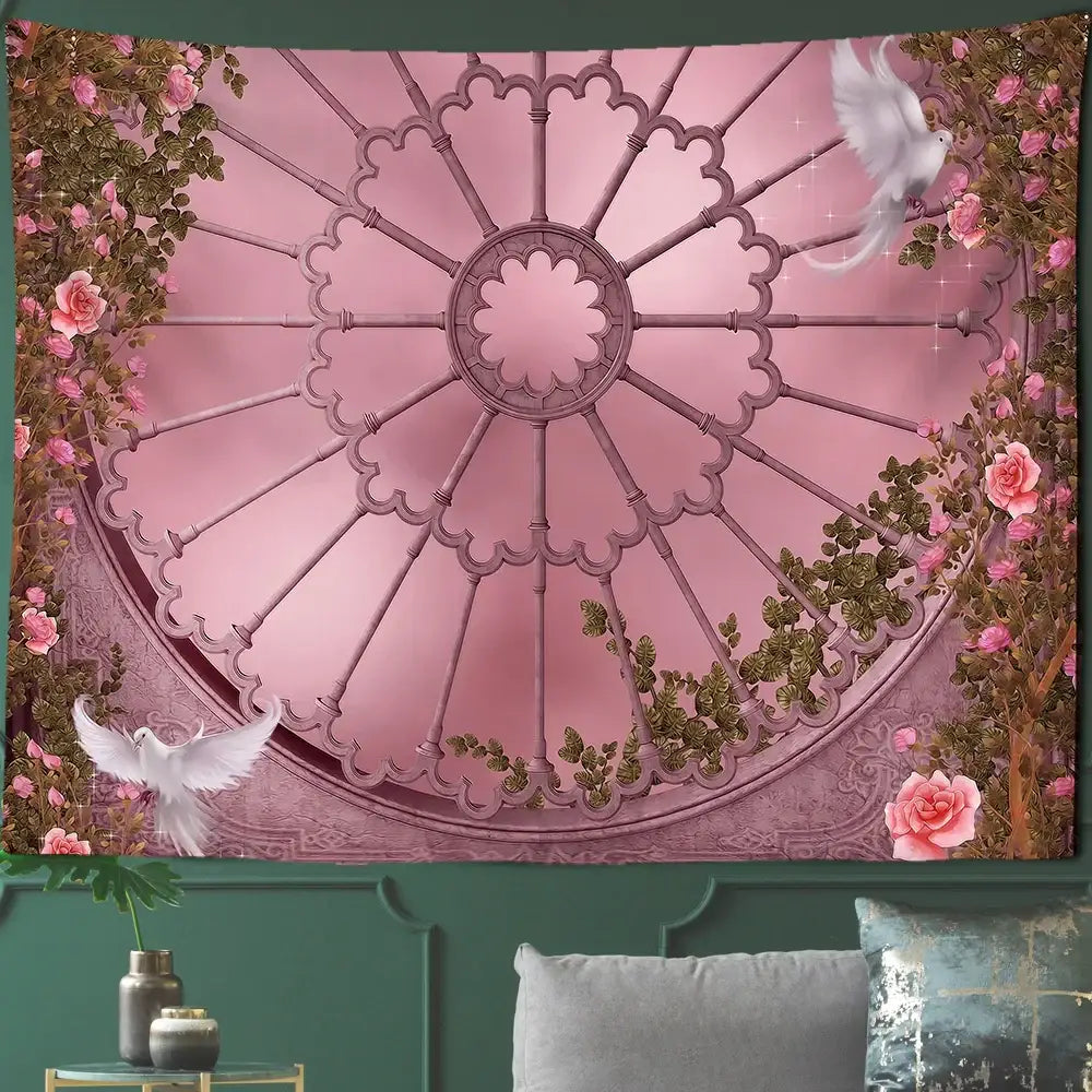 Gothic court woman floral tapestry wall art with pink ornate circular design featuring white doves and roses