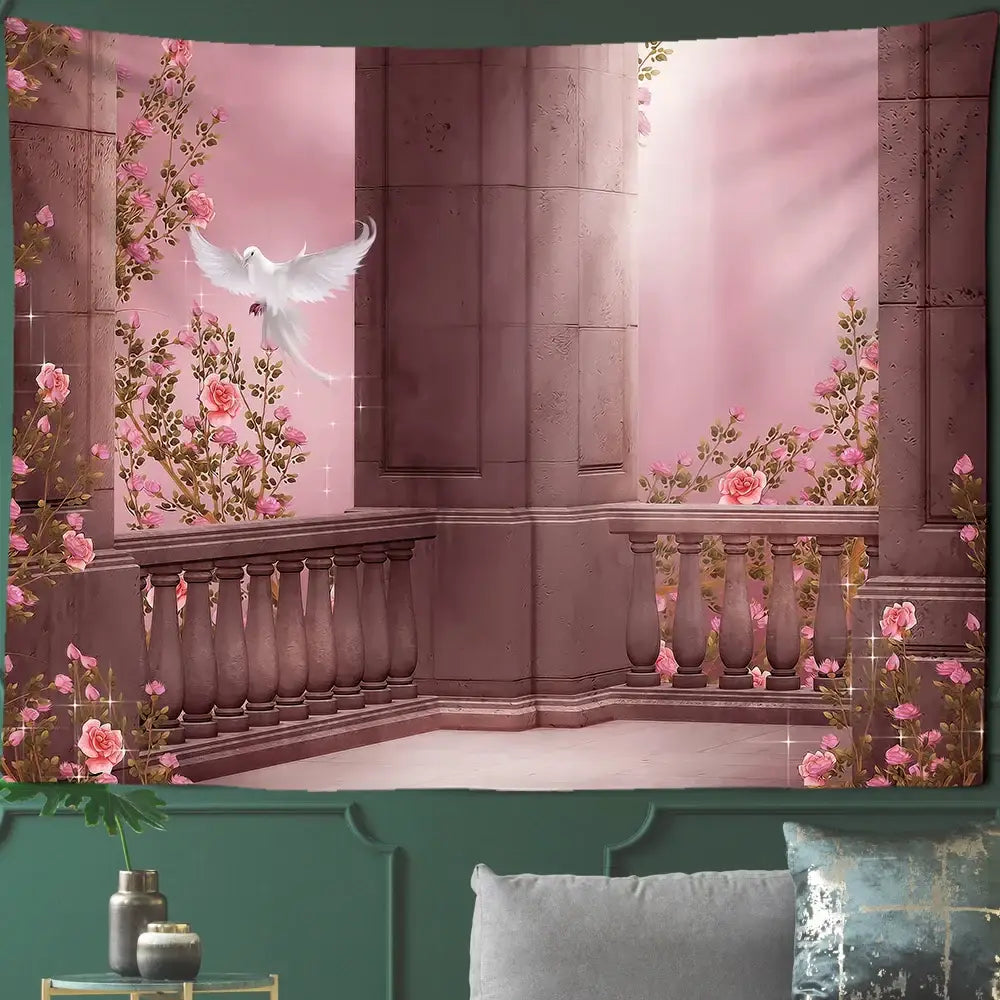 Pink floral balcony tapestry wall art featuring white dove in flight for gothic court woman decorbites bedroom decor