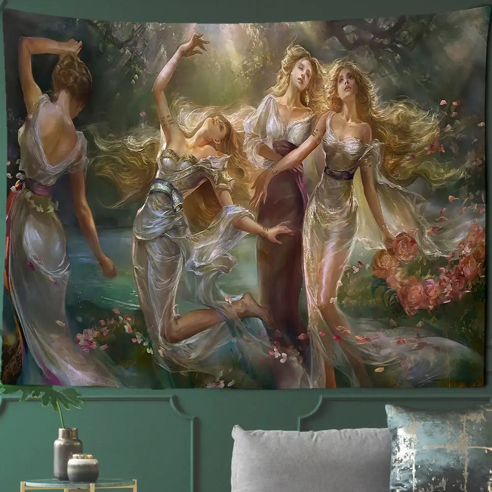 Gothic court woman floral tapestry wall art depicting three women in gowns dancing in a garden for bedroom decorbites decor