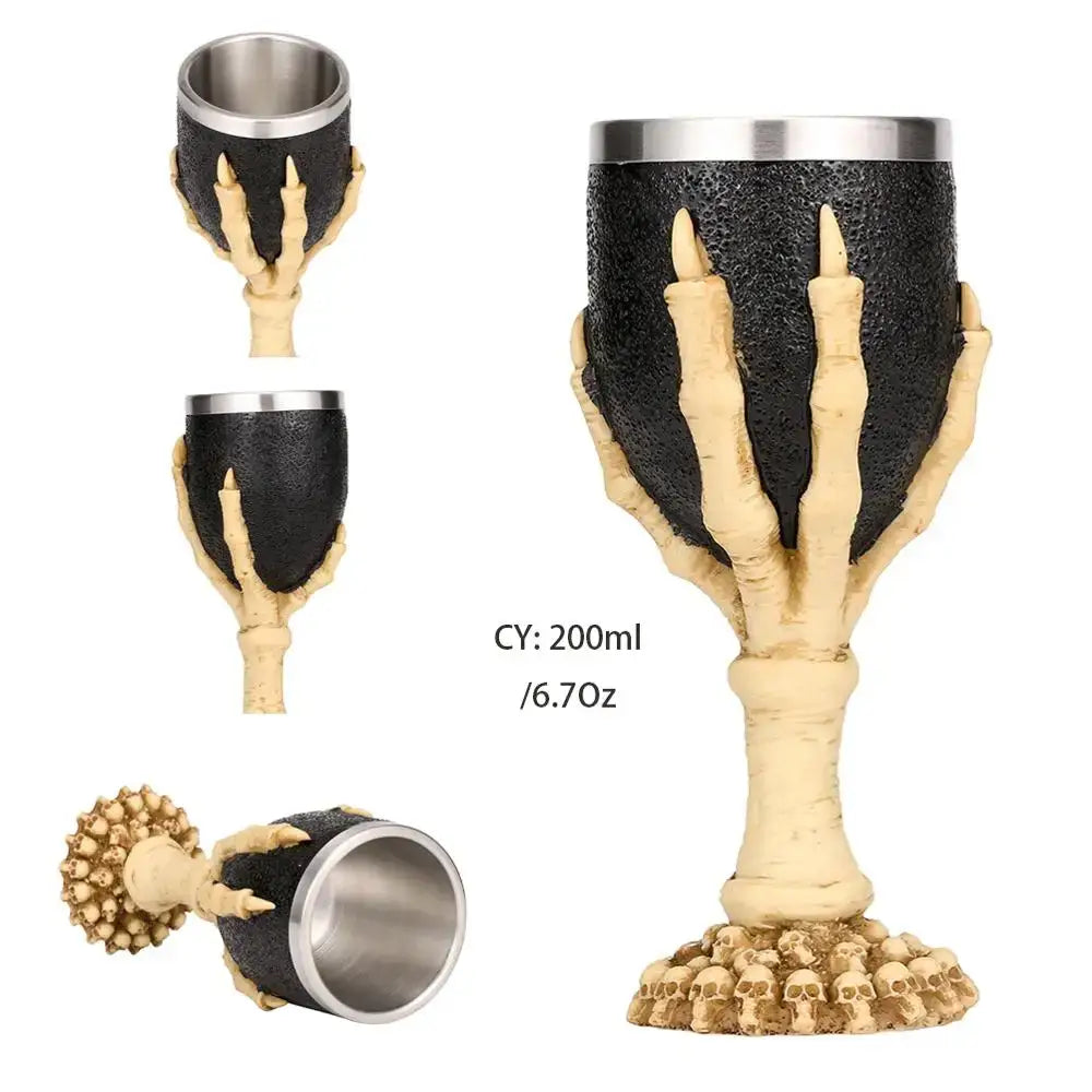 Black and beige dragon skull goblet with stainless steel rim and ornate skull base perfect for wine or decorbites dragon skull use