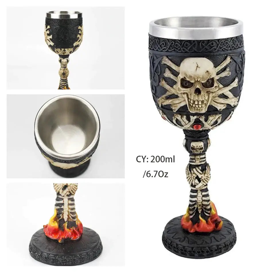 Black and beige skull goblet with stainless steel rim handle and base gothic dragon skull goblet for wine dining