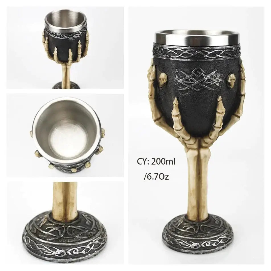 Black and gold dragon skull goblet with silver interior and celtic knot detailing stainless steel skull goblet decorbites dragon skull