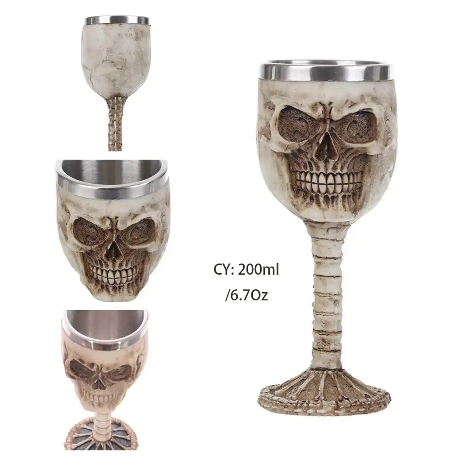 Off-white skull goblet with metallic rim and textured stem gothic dragon skull goblet for stainless steel dining room use