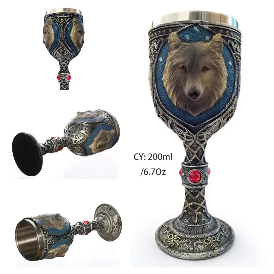 Silver and blue wolf-themed skull goblet with intricate metalwork and red gemstones for decorbites dragon skull collection
