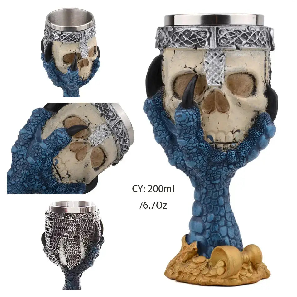 Gothic dragon skull goblet with a silver celtic rim and blue scaly hand grip stainless steel skull goblet decorbites dragon skull