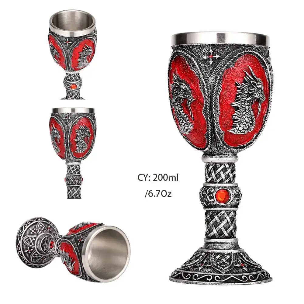 Silver and red dragon skull goblet with intricate celtic knotwork in stainless steel for gothic dining decorbites dragon skull