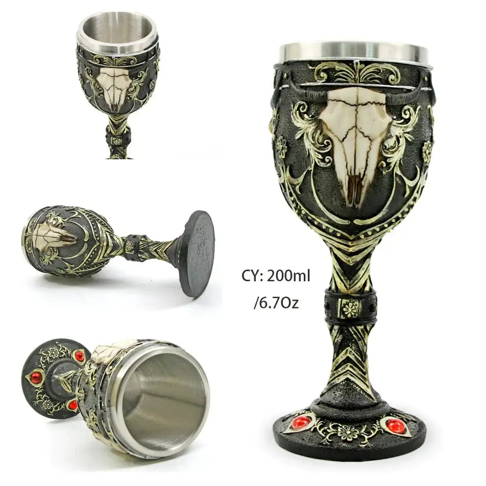 Gothic dragon skull goblet in black and gold with red gemstones stainless steel interior skull goblet decorbites dragon skull