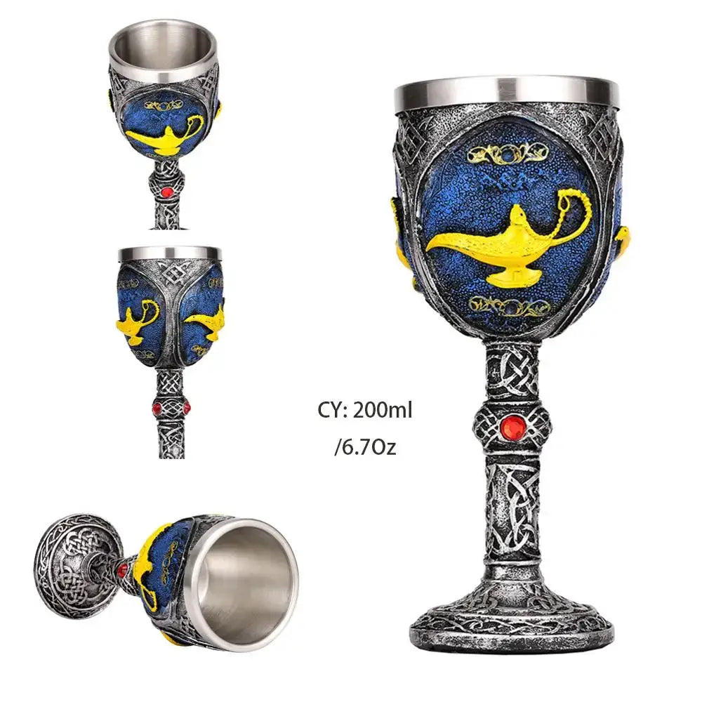 Antique silver-toned skull goblet with blue and yellow aladdin lamp design and intricate celtic knot patterns by decorbites dragon skull