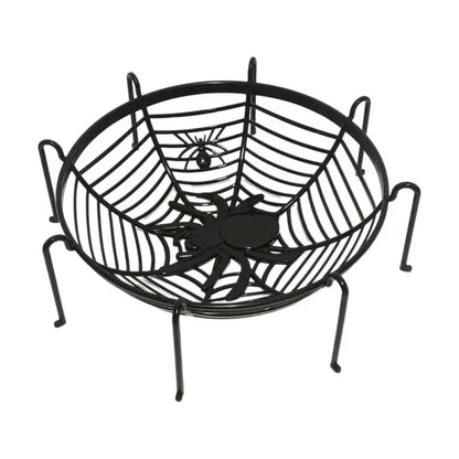 Black metal spiderweb basket storage plate with central skull spider design and four legs for candy dining room use