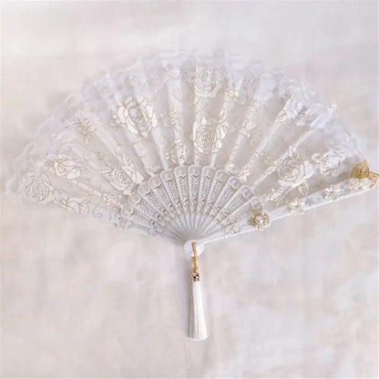 Elegant white lace fan with gold floral embroidery and matching tassel featuring decorbites elegant gemstone handle