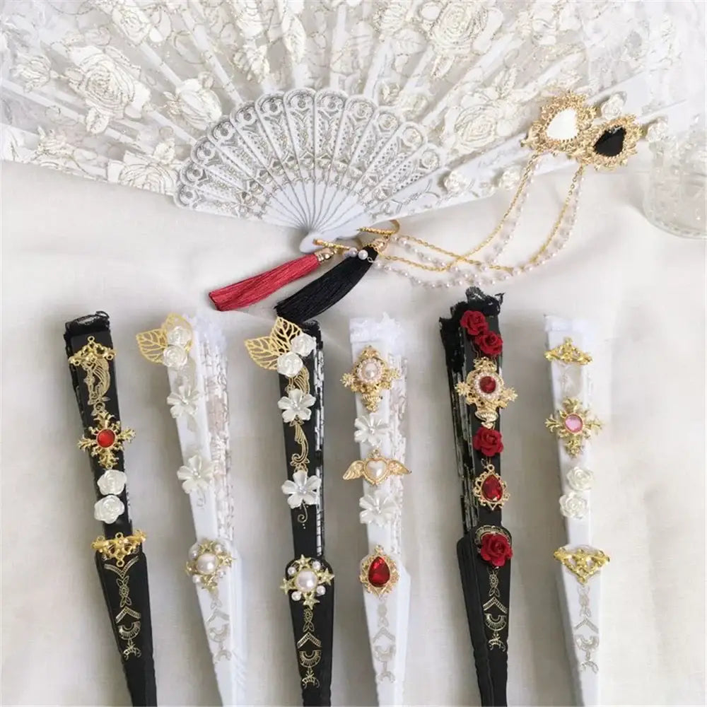 Elegant white and black lace fan with gold filigree pearls red gemstones and decorbites elegant gemstone handle for party decor