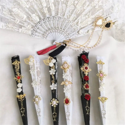 Elegant white and black lace fan with gold filigree pearls red gemstones and decorbites elegant gemstone handle for party decor
