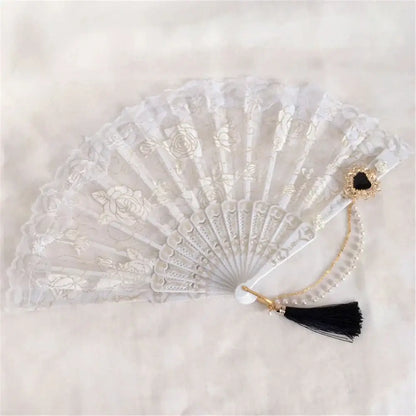 Elegant white lace fan with rose embroidery gold-toned embellishments and black tassel by decorbites elegant gemstone handle