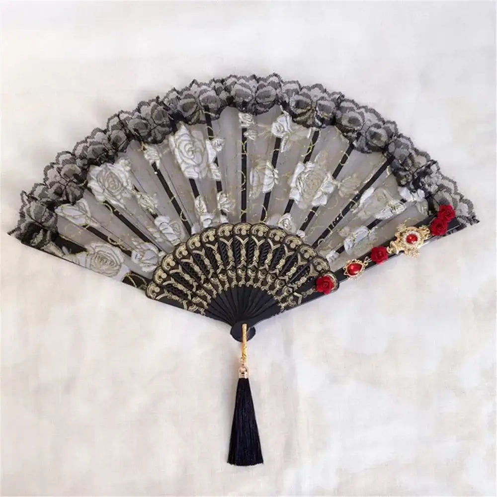 Elegant black lace fan with silver embroidery gold accents and red rose embellishment for gothic decorbites elegant gemstone handle