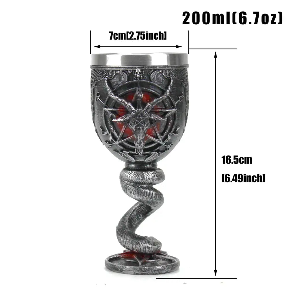 A dark stainless steel gothic baphomet wine glass with a silver rim, coiled serpent stem, and pentagram design