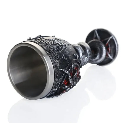 Darkly ornate gothic baphomet wine glass with stainless steel silver rim and handle featuring dragon and pentagram designs