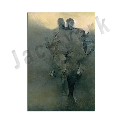 Gothic surreal art canvas print featuring two silhouetted figures on muted green and beige decorbites beksinski surreal wall decor