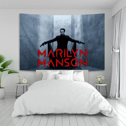 Gothic white and red baphomet poster tapestry featuring a dark marilyn manson image in black attire on gray backdrop