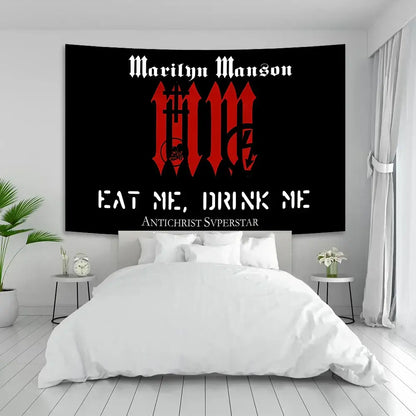 Black tapestry baphomet poster tapestry with red gothic lettering and white text for marilyn manson album wall decor