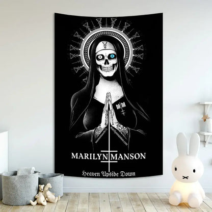 Black gothic white and red baphomet poster tapestry featuring a skeletal nun with glowing blue eye and intricate runes