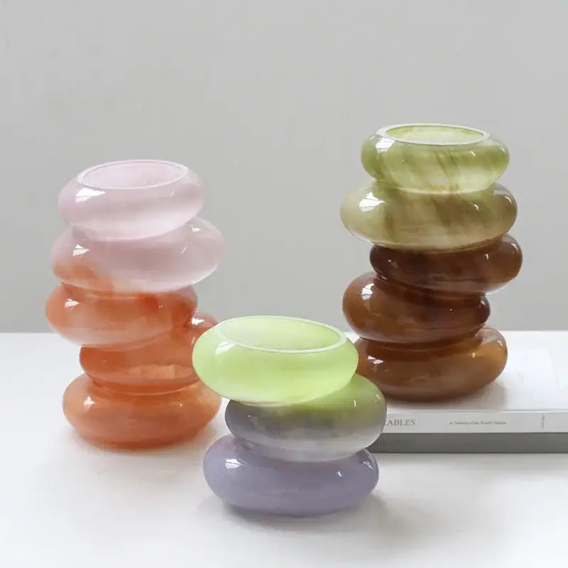 Stacked gradient color decorbites geometric glass vase with smooth rounded segments in pink orange green and purple hues
