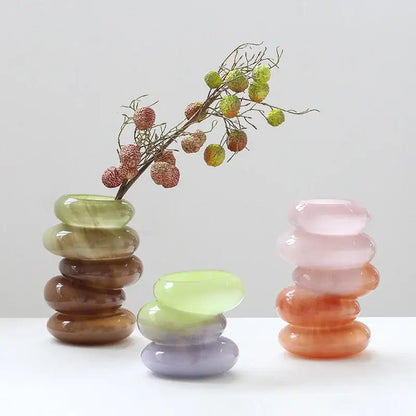 Stacked translucent decorbites geometric glass vase in gradient color hues of green brown pink and orange for living room decor