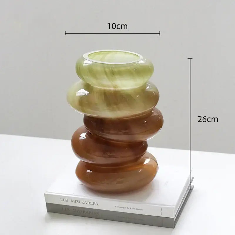 Stacked glass vase with smooth rounded tiers in gradient color shades of green and amber for decorbites geometric glass decor