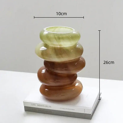 Stacked glass vase with smooth rounded tiers in gradient color shades of green and amber for decorbites geometric glass decor