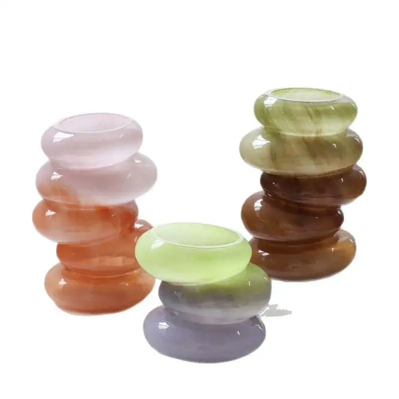 Stacked translucent gradient color geometric glass vase in pastel pink orange green and purple for decorbites living room decor