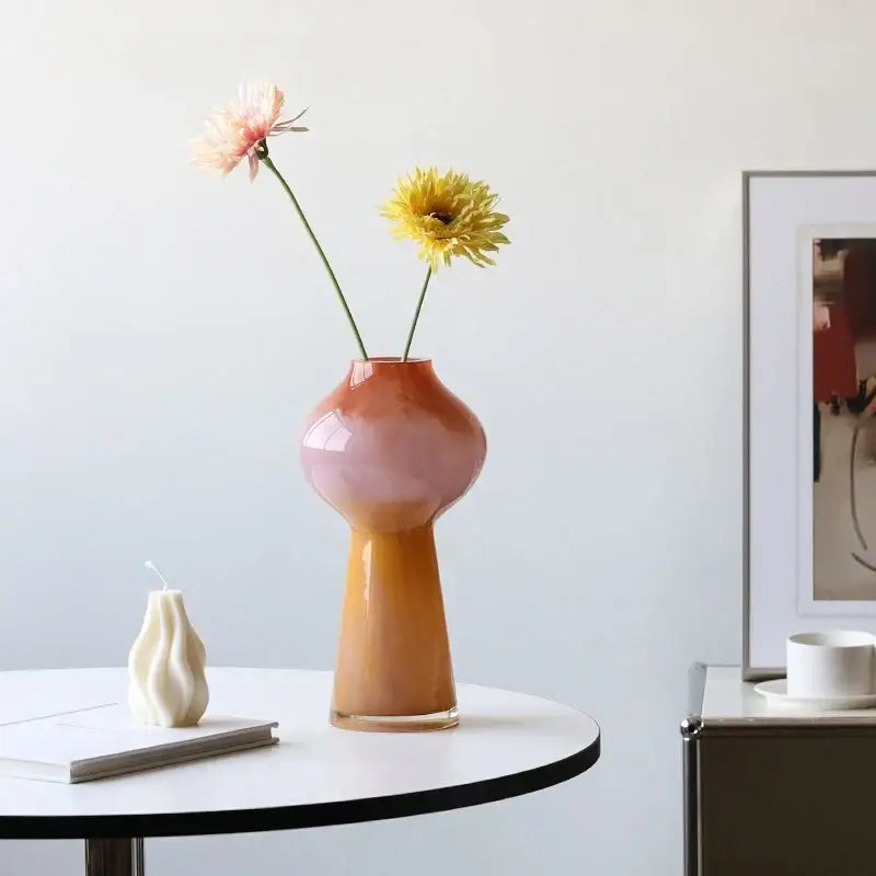 A decorbites gradient glass vase set of 2 featuring sleek amber to pink rounded gourd flower holders for living room decor