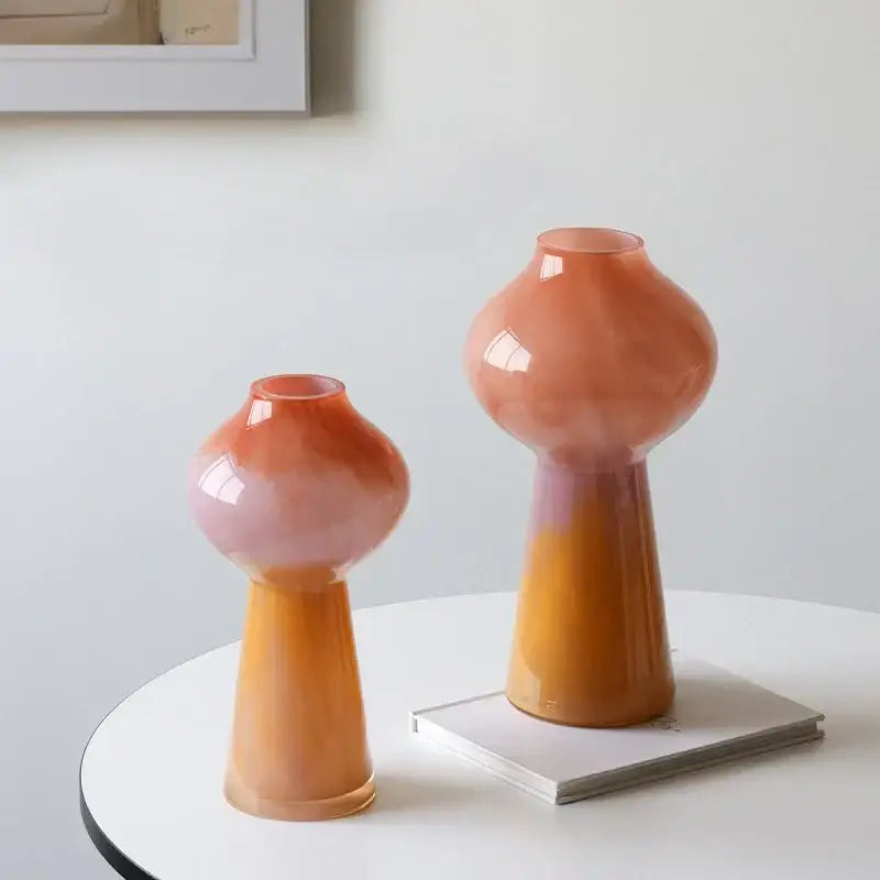 Set of 2 decorbites gradient glass vases with bulbous rounded tops and tapered bases for living room decor