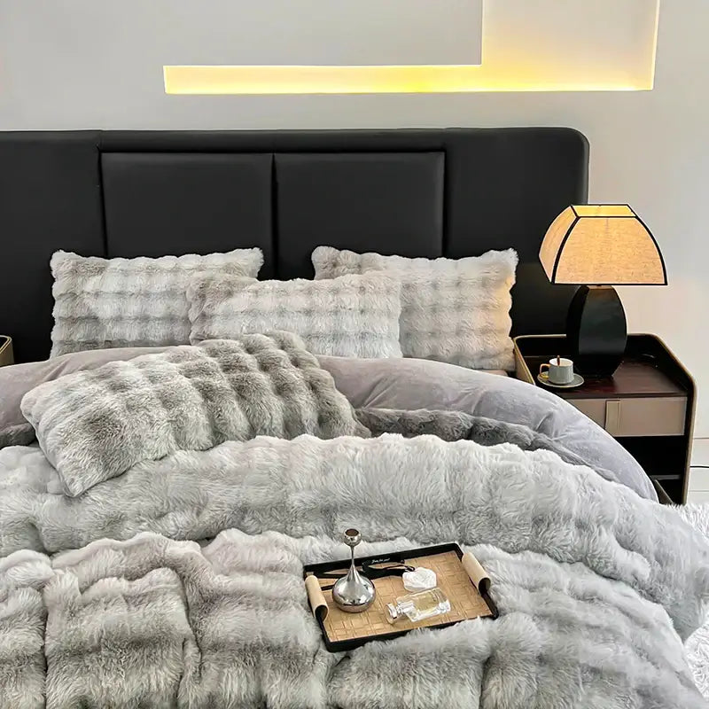 Luxury gray faux fur bedding set with plush pillows and matching duvet for decorbites gradient gray faux fur decor