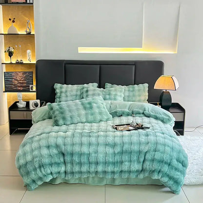 Mint green faux fur quilt bedding set with matching pillows featuring textured plush design for decorbites gradient gray faux collection