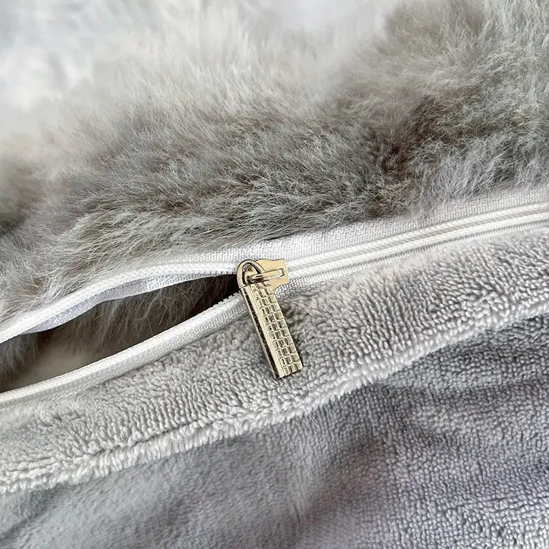 Gray faux fur pillowcase with silver zipper pull from decorbites gradient gray faux bedding set for stylish bedroom decor