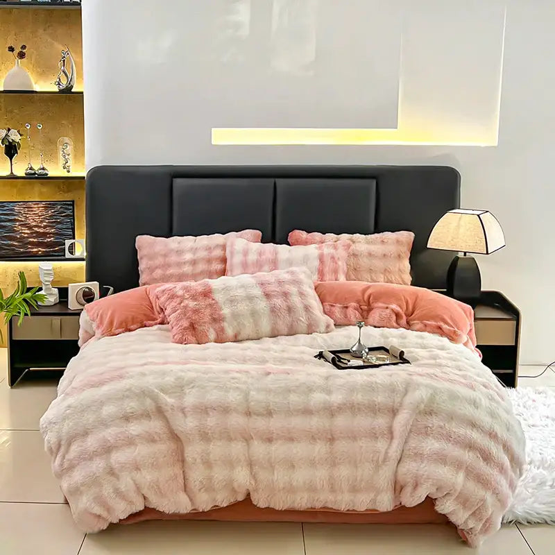 Pink and white fluffy quilted comforter set with soft plush texture in decorbites gradient gray faux fur bedding set