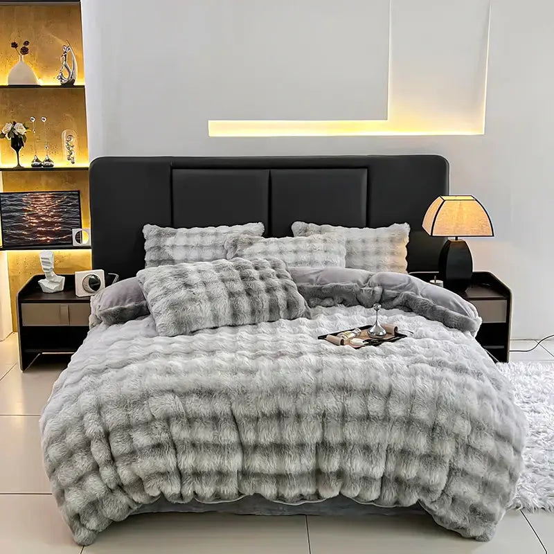 Plush gray faux fur comforter set with a textured quilted pattern from decorbites gradient gray bedding set