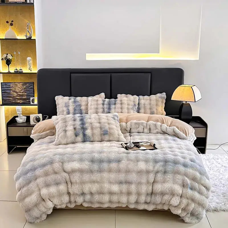 Plush white and blue tie dye faux fur bedding set with textured fluffy material for decorbites gradient gray faux bedding set