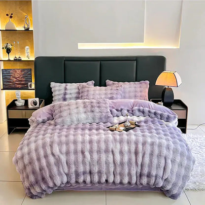 Purple plush bedding set with fluffy textured surface and gradient hues from lavender to light purple decorbites gradient gray faux