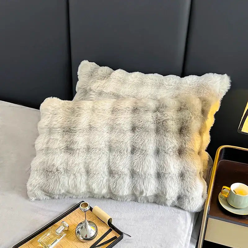 Faux fur throw pillow with soft fluffy texture in gradient gray faux as part of decorbites gradient gray bedding set