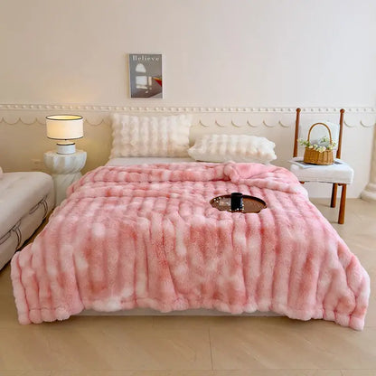 Pink faux fur throw blanket with soft plush texture and gradient pink hues complementing decorbites gradient grey fleece