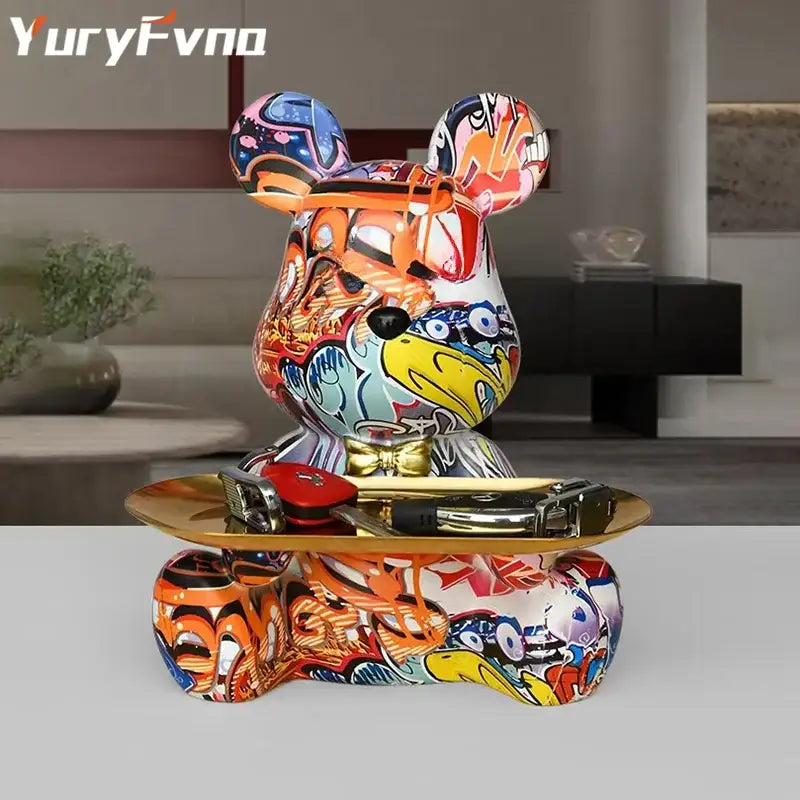 Vibrant graffiti bear figurine ceramic with gold bow tie and metallic tray for living room decorbites graffiti bear storage sculpture
