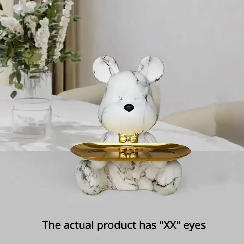 Marble-finish decorbites graffiti bear figurine holding a gold tray with bow tie detail for living room storage decor