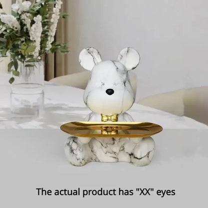 Marble-finish decorbites graffiti bear figurine holding a gold tray with bow tie detail for living room storage decor