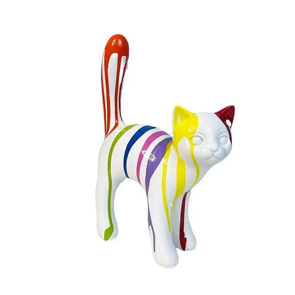 Glossy white ceramic graffiti cat desk storage statue with vibrant rainbow stripes for black and white living room decor