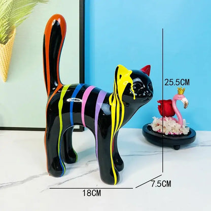 Glossy black graffiti cat desk storage statue with vibrant dripping rainbow stripes for living room decor