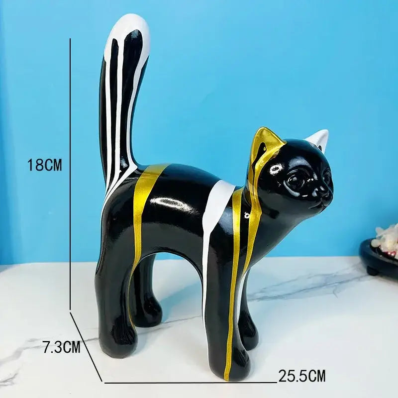 Black ceramic graffiti cat desk storage statue with glossy finish and white and gold stripes for living room decor